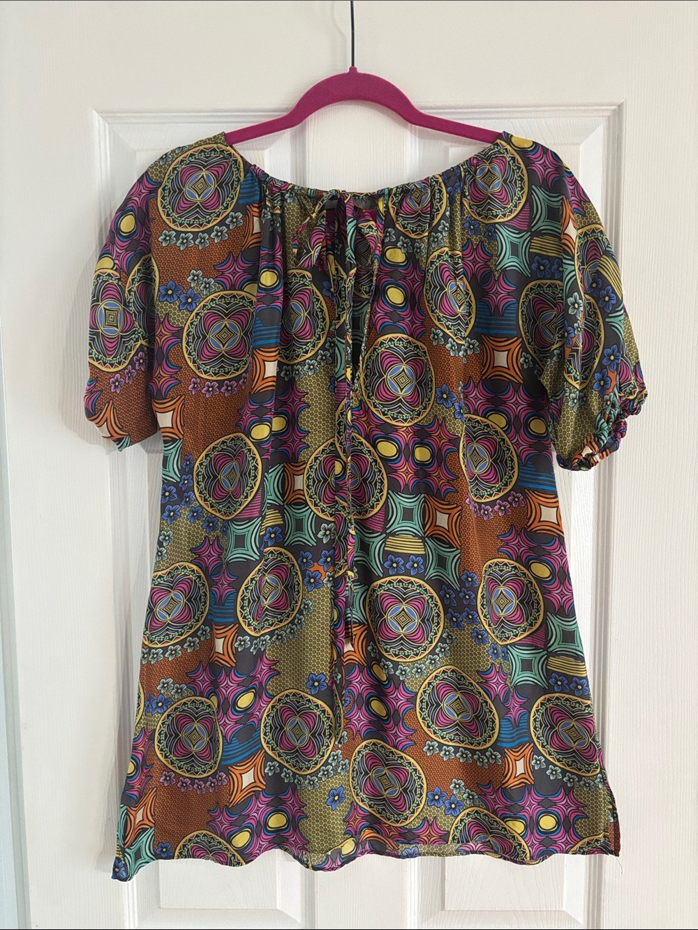 SHAN Multicolor Boho Print Short-Sleeve Tunic 100% silk